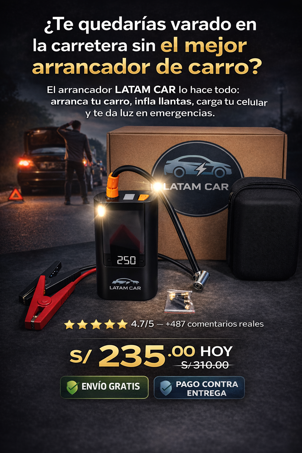 ARRANCADOR PORTATIL- INFLADOR PORTATIL-LINTERNA-CARGADOR DE CELULAR